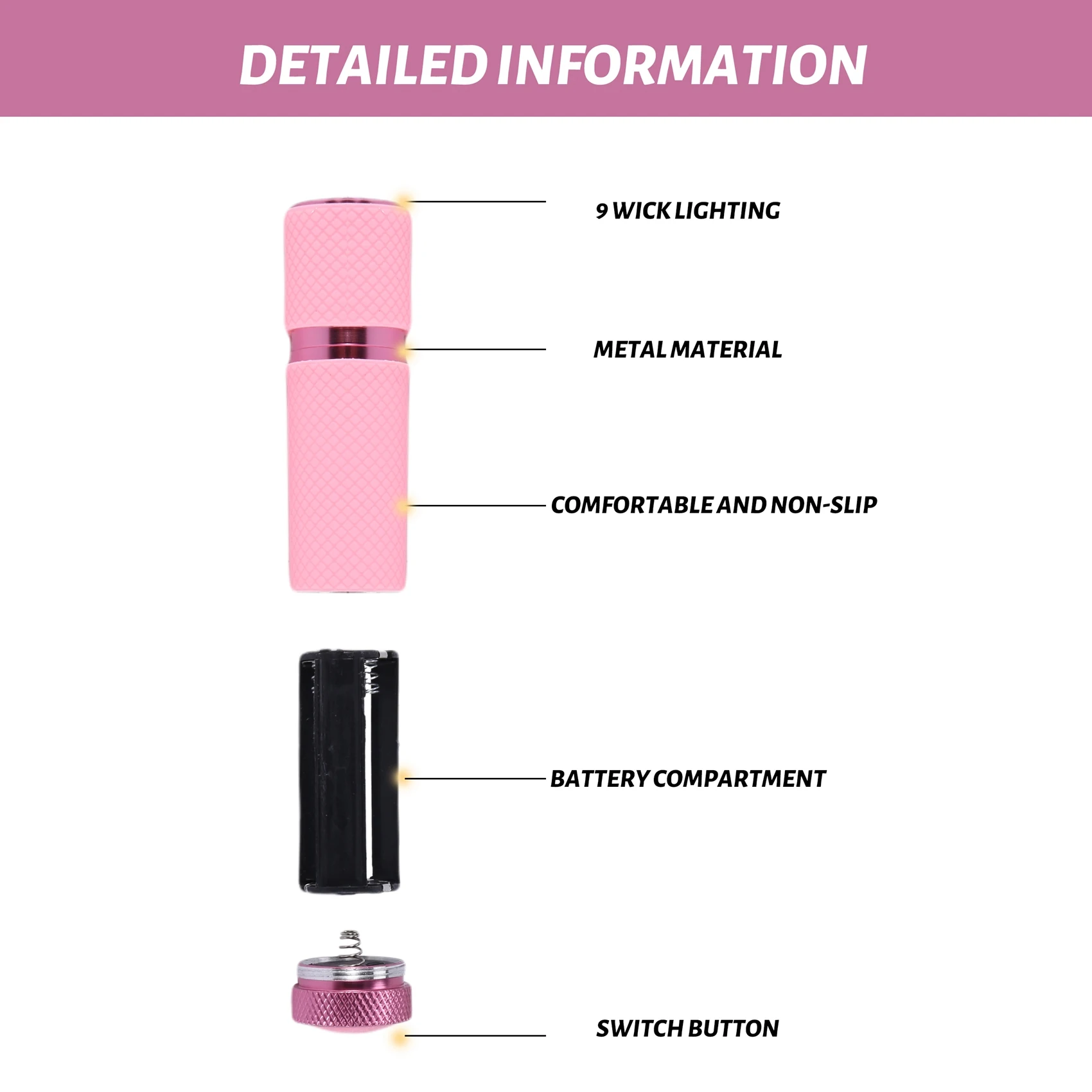 Mini linterna de 9 LED recubierta de goma rosa para exteriores