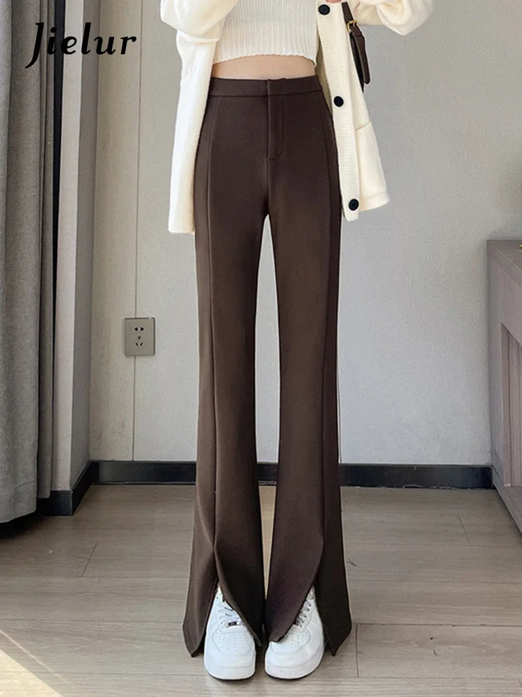 

Jielur Tight Hip Slim Split Thicken Female Flare Pants High Waist Zipper Casual Solid Color Fashion Streetwear Simple Suit Pants