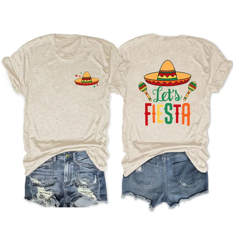 Summer new fashion crewneck T-shirt let's fiesta front and back printed loose short sleeve top casual jumper