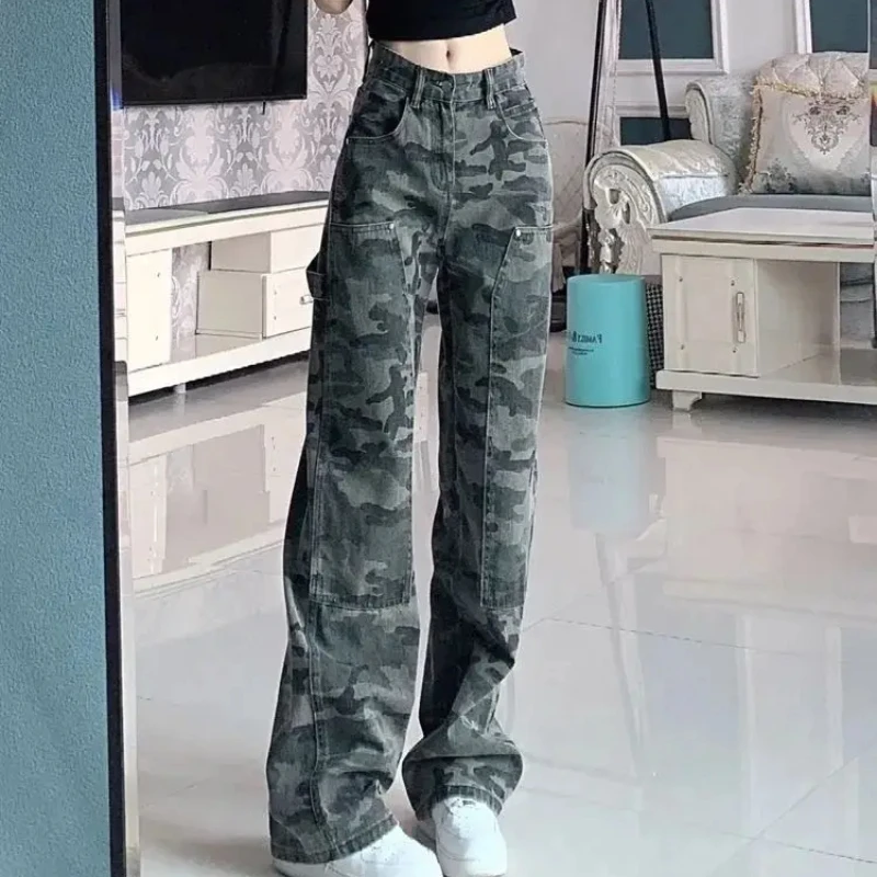 Womens Jeans Retro High Waist Shot Trousers Camouflage Denim Pants for Women Xxl Teenagers Stretched Fashion Casual Shiny Unique