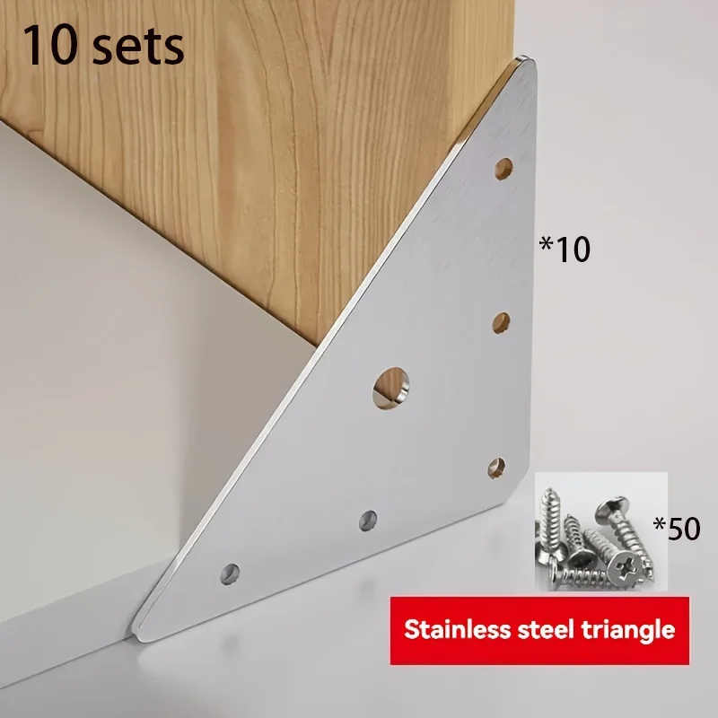 

10 sets of stainless steel corner brackets and flat angle iron fasteners for supporting furniture and hardware.