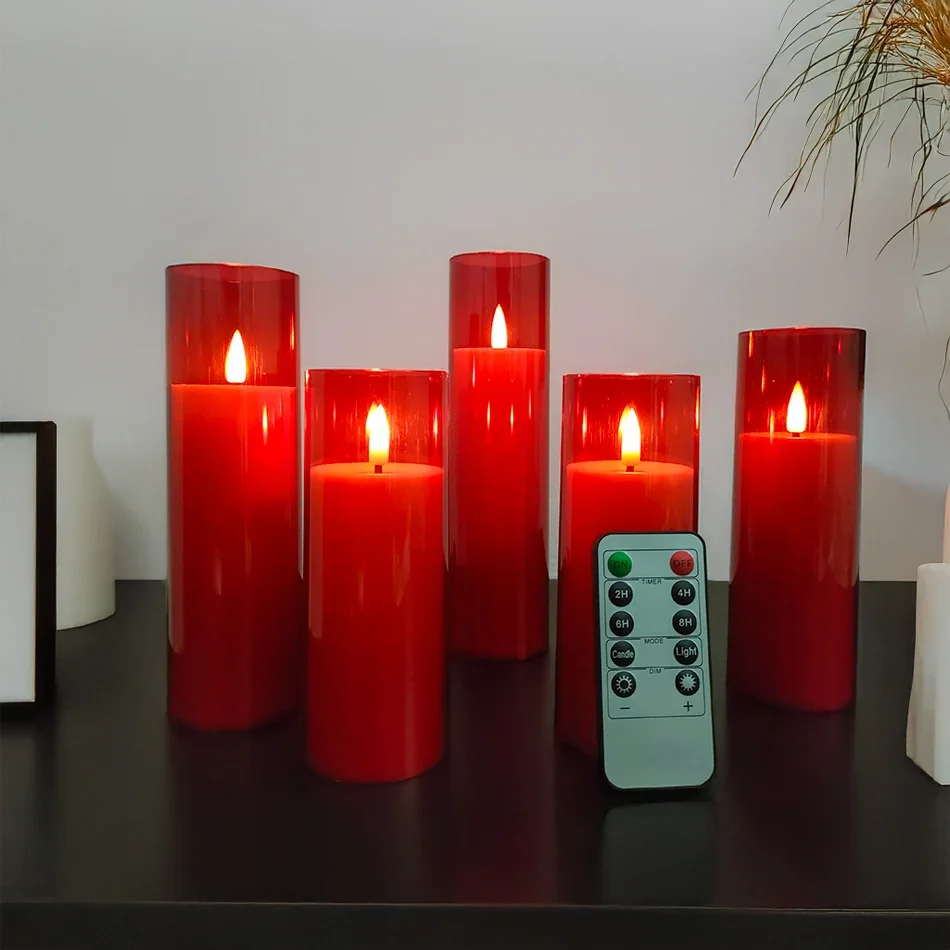 5pcs/set Flameless Red Led Pillar Candle,Remote Control,Timer LED Candle Light Table Decorative,Christmas Candles,Party Light