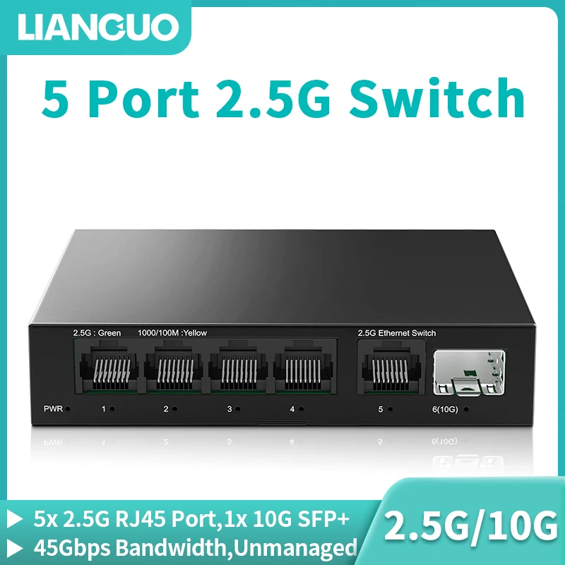 LIANGUO 5 Port 2.5GbE Ethernet Switch Unmanaged 2.5Gbps Network Switch 1 Port 10Gb SFP+ Slot Home Lab Setup Switch Plug and Play