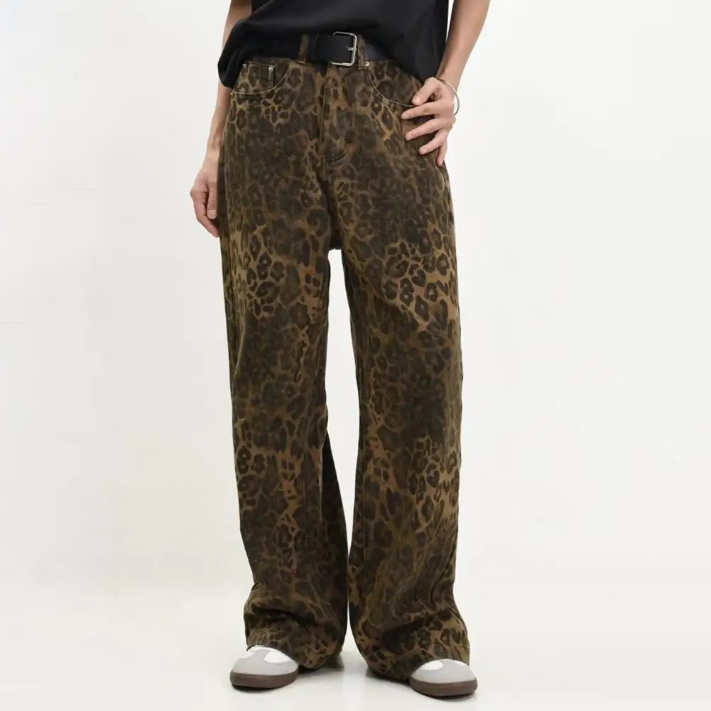 

Women/men Jeans Leopard Print Hip Hop Wide Leg Loose Straight Pockets Button Zipper Closure Long Trousers