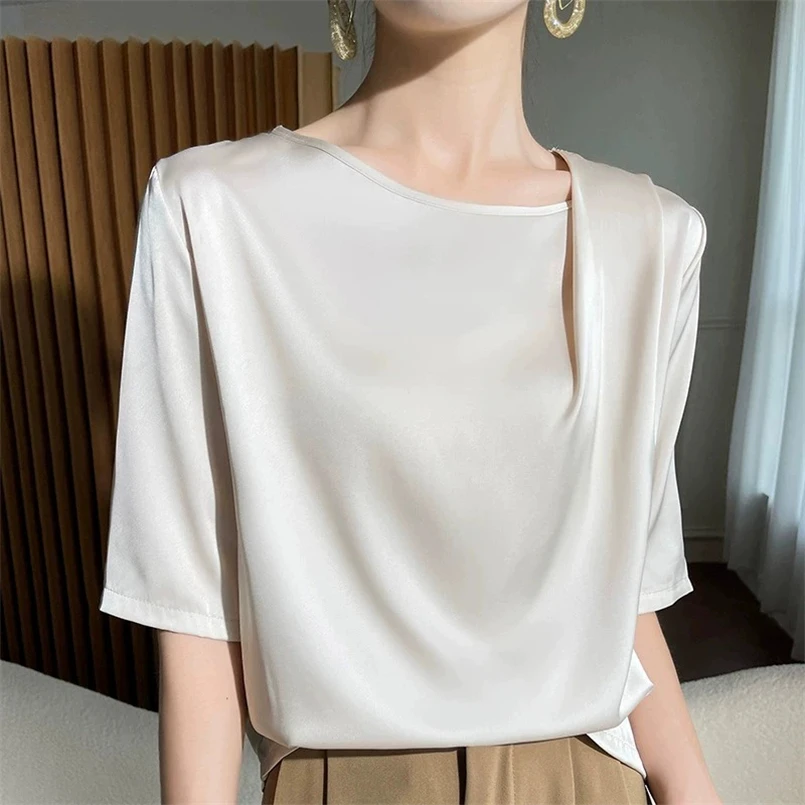 Solid Loose Satin Blouse Plus Size Tops S-7XL Women 2024 Summer Elegant Shirts Casual Short Sleeve Kroean Chic Shirt Lady Tops