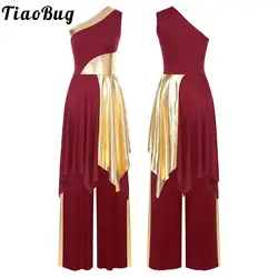 Women Liturgical Worship Dance Outfit Praise Lyrical Dance Costume One Shoulder Sleeveless Dress with Wide-Leg Pants Dancewear