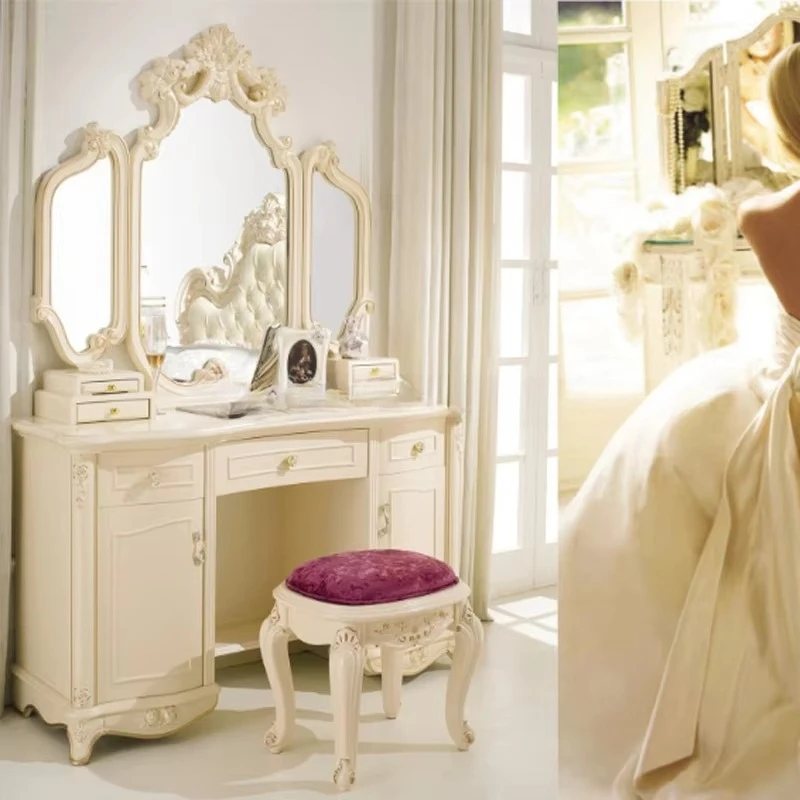

Modern European French white wooden dressing table with 3 mirrors and bedroom cabinets