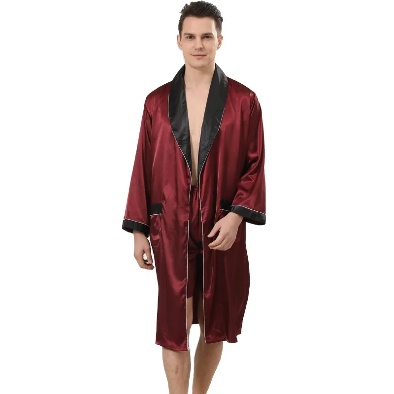 Frühling Schwarz Schal Kragen Rot Männer Bademantel Shorts Anzug Kimono Hause Seide Männliche Robe Sets Weiche Gemütliche Dünne Langarm Bad Kleid