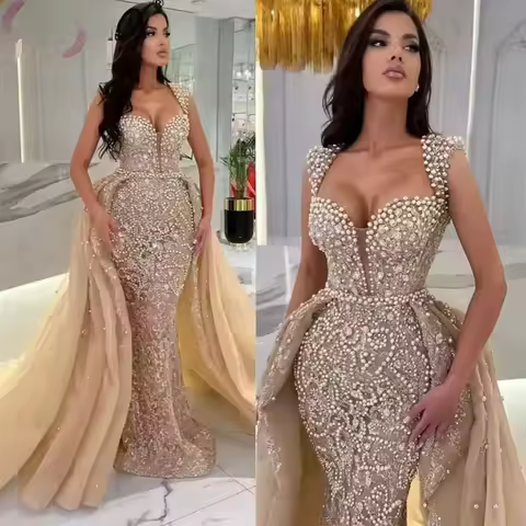 Evening Dress Detachable Trailing Cap Sleeve Pearls Beads Dubai Arabic Formal Mermaid Prom Dress Customized Elegant Champagne