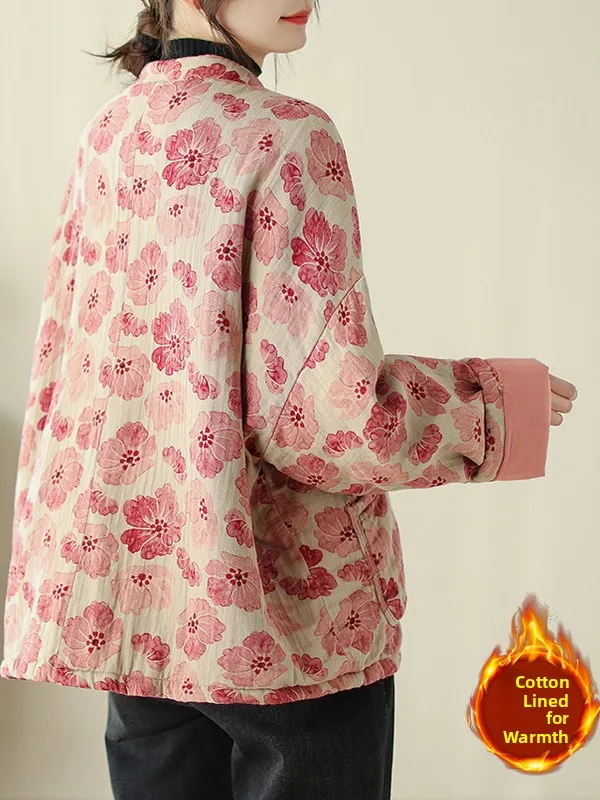 新しい中国風スレ花柄コットンジャケット女性のティエンエドレトロボタンスタンドカラーコットンアウターウェア冬ファッショナブルなコート