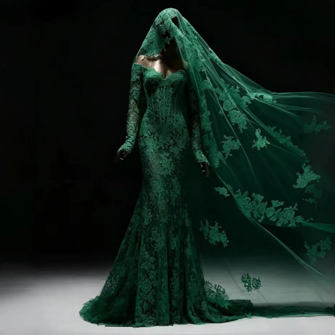 Emerald Green Mermaid Wedding Dress With Veil Lace Appliques Corset Gothic Bridal Gown African Reception Dress Customize