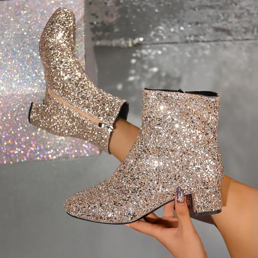 Women Boots Trend 2025 New Autumn Solid Zipper Sequins Chunky Heel Shoes for Women Round Toe Chunky Heels Ankle Boots Party