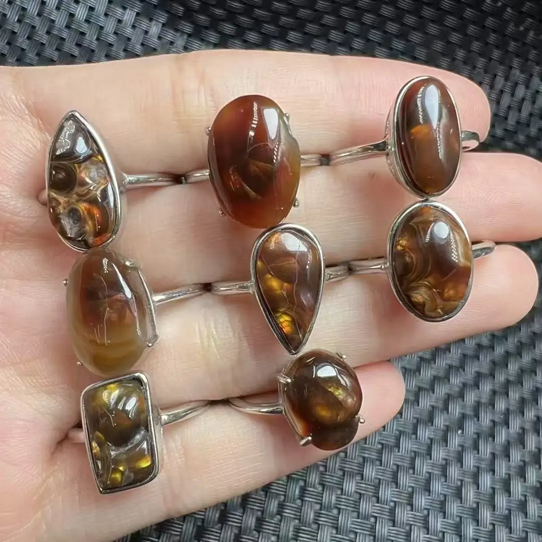 

Unit One Piece 925 Silver Inlay Natural Mexico Fire Agate Crystal Random Shape Finger-rings for Meditation