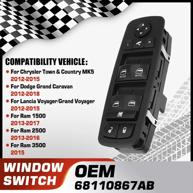 

68110867AB Car Power Window Master Switch Button For Chrysler Town & Country MK5 Dodge Grand Caravan Ram 1500 2500 3500 9+3 Pins