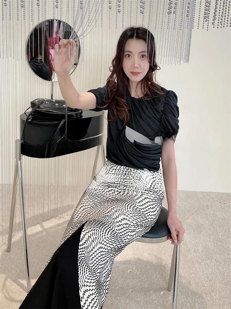 

Топ Bla Polka Dot с круглым вырезом, плиссированный, 23SS, Zhong Zixin, повседневный, спортивный, из полиэфирного волокна