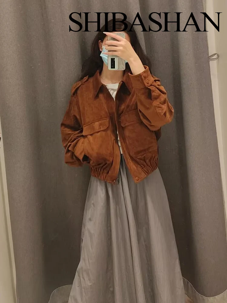 

SHIBASHAN Women Autumn Fashion Retro Suede Lapel Long Sleeve Coat Female Versatile High Street Loose Casual Zipper Pocket Jacket