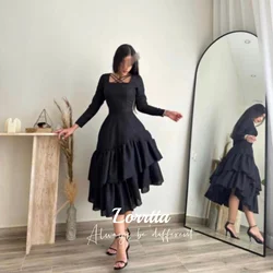 Lorrtta Black satin crossover evening gown with irregular hem for cocktail parties, double hem arabic dress with calf length