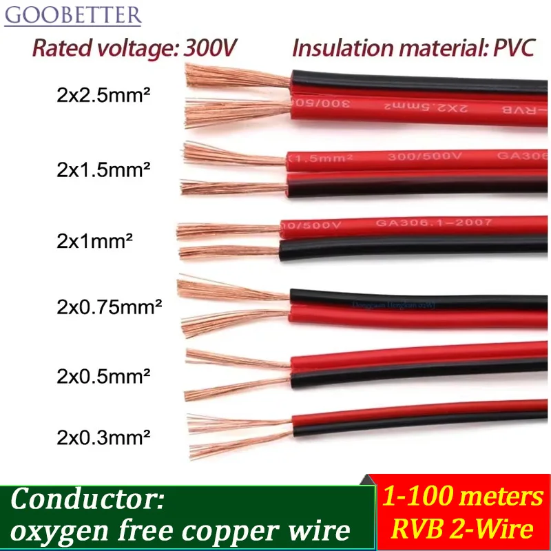 RVB 2-Wire Electric Cable Strand 1-100 Meter 0.3/0.5/0.75/1/1.5/2.5mm² Flat Twin Red/Black for Vehicle Line Car Cable