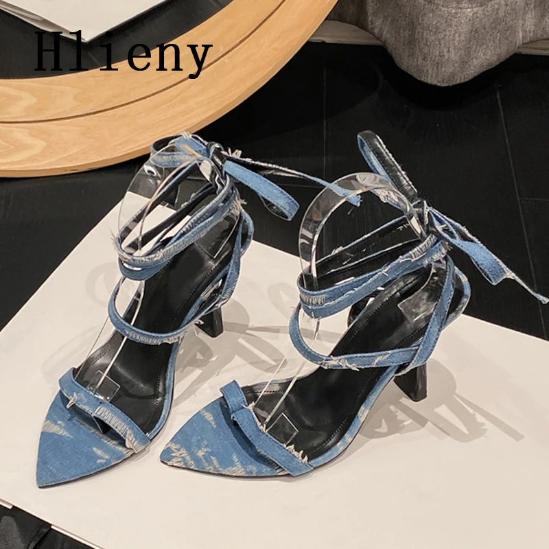 Hlieny Sexy Pointed Toe Women Lace-up Sandals Fashion Denim Ankle Strap Summer Gladiator Party Stripper Thin High Heels Shoes