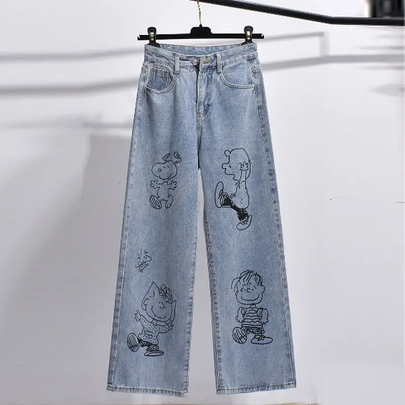 

Snoopy Pants leg jeans female preppy style 2022 spring and autumn high waist loose straight trousers