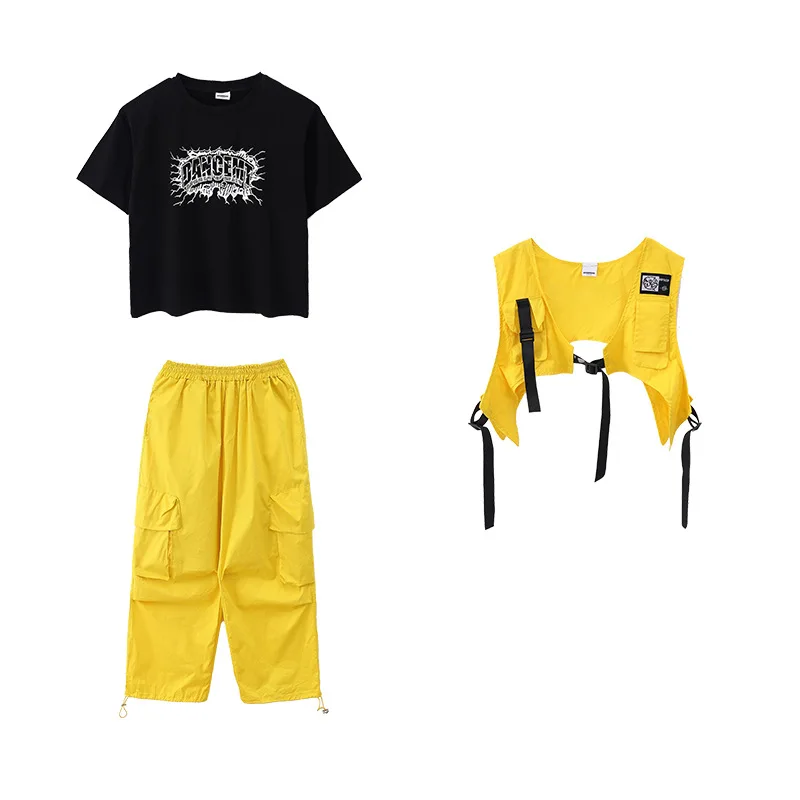 Hip Hop Girls Vest Yellow Cargo Pants Boys Cool T-shirt Street Dance Joggers Children Streetwear Clothes Sets Kids Jazz Costumes