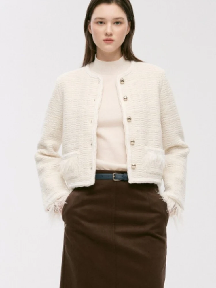 

Элегантная женская укороченная куртка с длинными рукавами и круглым вырезом в корейском стиле из утолщенного хлопкового твида, новинка лета, для активного отдыха