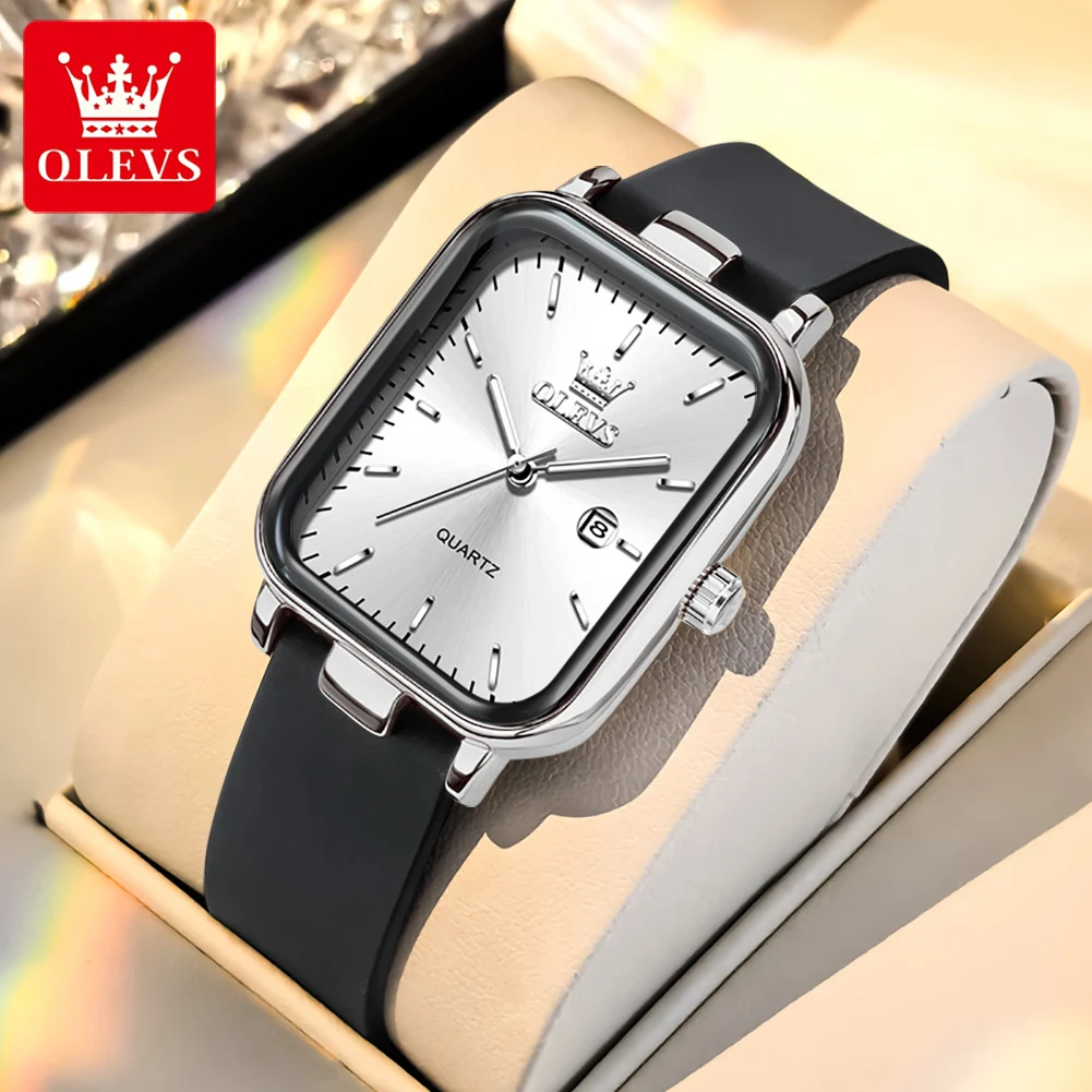 OLEVS 7089 Watch Woman Original Fashion Square Quartz Wristwatch Waterproof Rubber Strap Date Watch Ladies Gift Box Reloj New