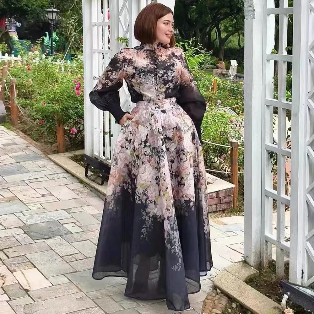 

New Vintage Print Stand Collar Single Button Top High Waist Maxi Skirt Set Tee Piece Long Faion Ensemble Polyester Fiber