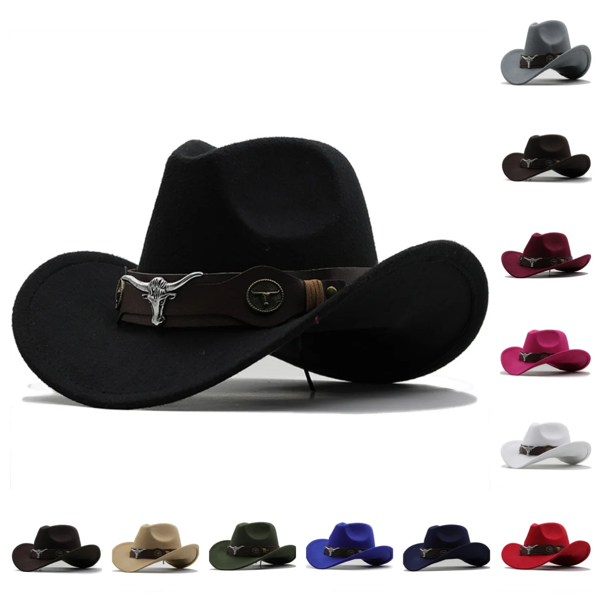 Western-Cowboy-Hut, 2 Größen, schwarzer Woll-Jazz-Zylinder, Herren, ethnischer Stil, Kuhkopf, Band, Filzkappe, Damen, Kinder, Reiten, Fedora-Hut – Detail 2