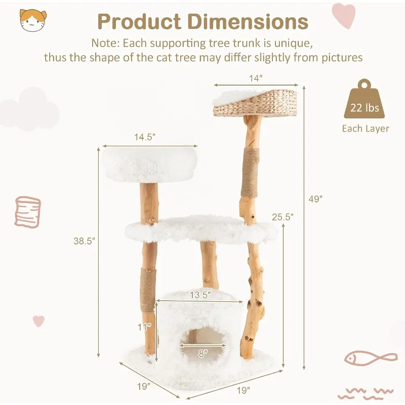 49 inch Cat Tree, Solid Wood Modern Multi-Level  with Scratching Posts, Top Cattail Basket Bed, Side Perch, Large Platform,White