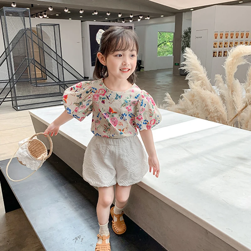 Children\'S Clothing Sets 2022 Summer New Girls Fashion Kids Outfit Girls\' Floral Puff Sleeve Top +Lantern Shorts Baby Kids Suits