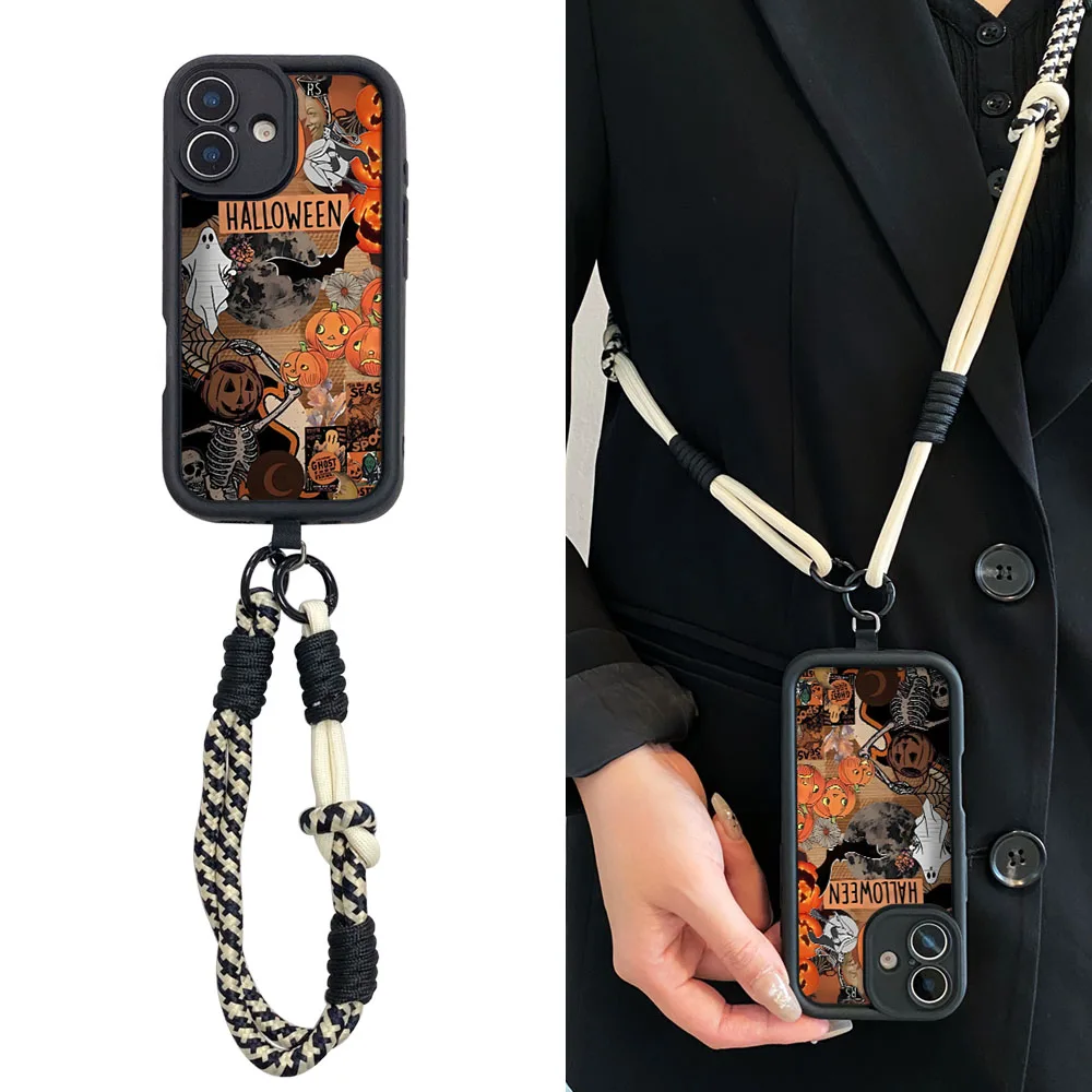 Ypm5funda cruzada con cordón de cuerda larga para Xiaomi Poco X7 F7 M7 X6 F6 M6 F5 X5 X3 Pro C65 C75 C71 cubierta de teléfono con cadena para la muñeca de Halloween