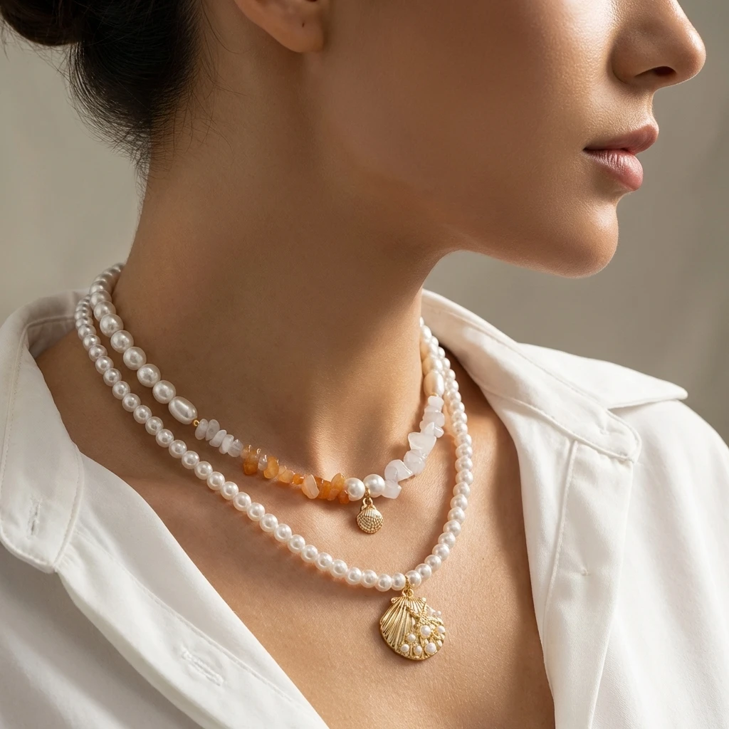 

Boho Layered Imitation Pearl Shell Necklace Set for Women Beaded Choker Irregular Chip Stones Chain Summer Beach Jewelry Gift