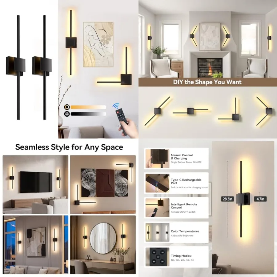 

Battery Operated Wall Sconces Set of 2, 8000mAh Rotatable Picture Lights with Remote Control, Dimmable 3000-65