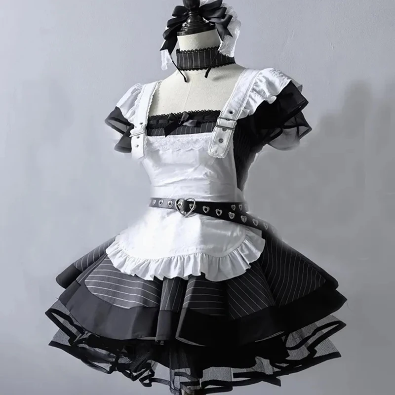 

Винтажное элегантное платье для косплея горничной, японское субкультура, сетчатое платье с короткими рукавами, белый фартук, черное платье, комплект Vestidos