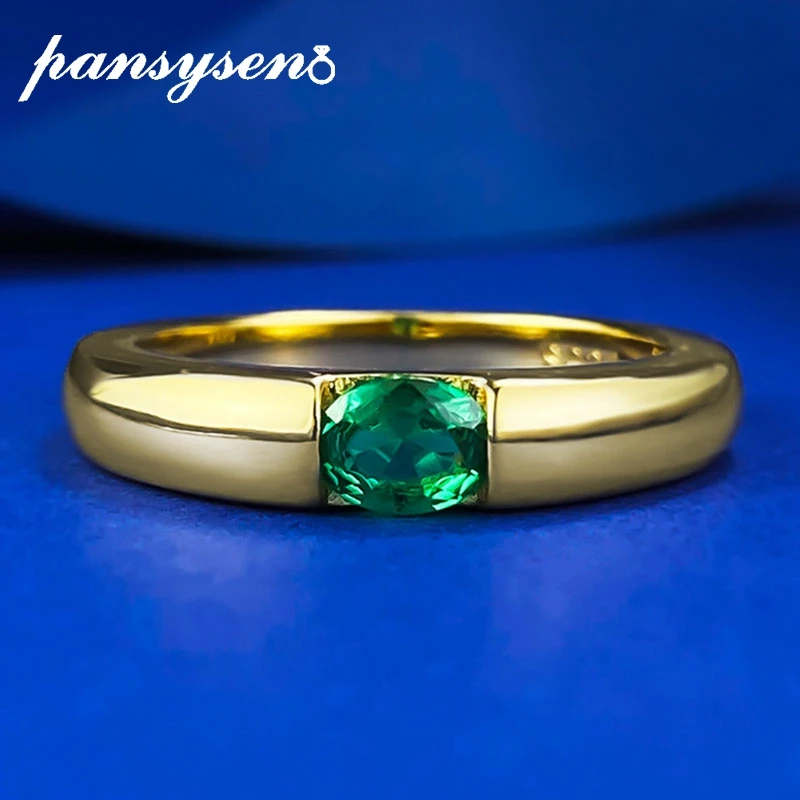 

PANSYSEN Vintage 18K Gold Plated Oval Cut Emerald Gemstone Rings for Women Man S925 Sterling Silver Anniversary Party Jewelry