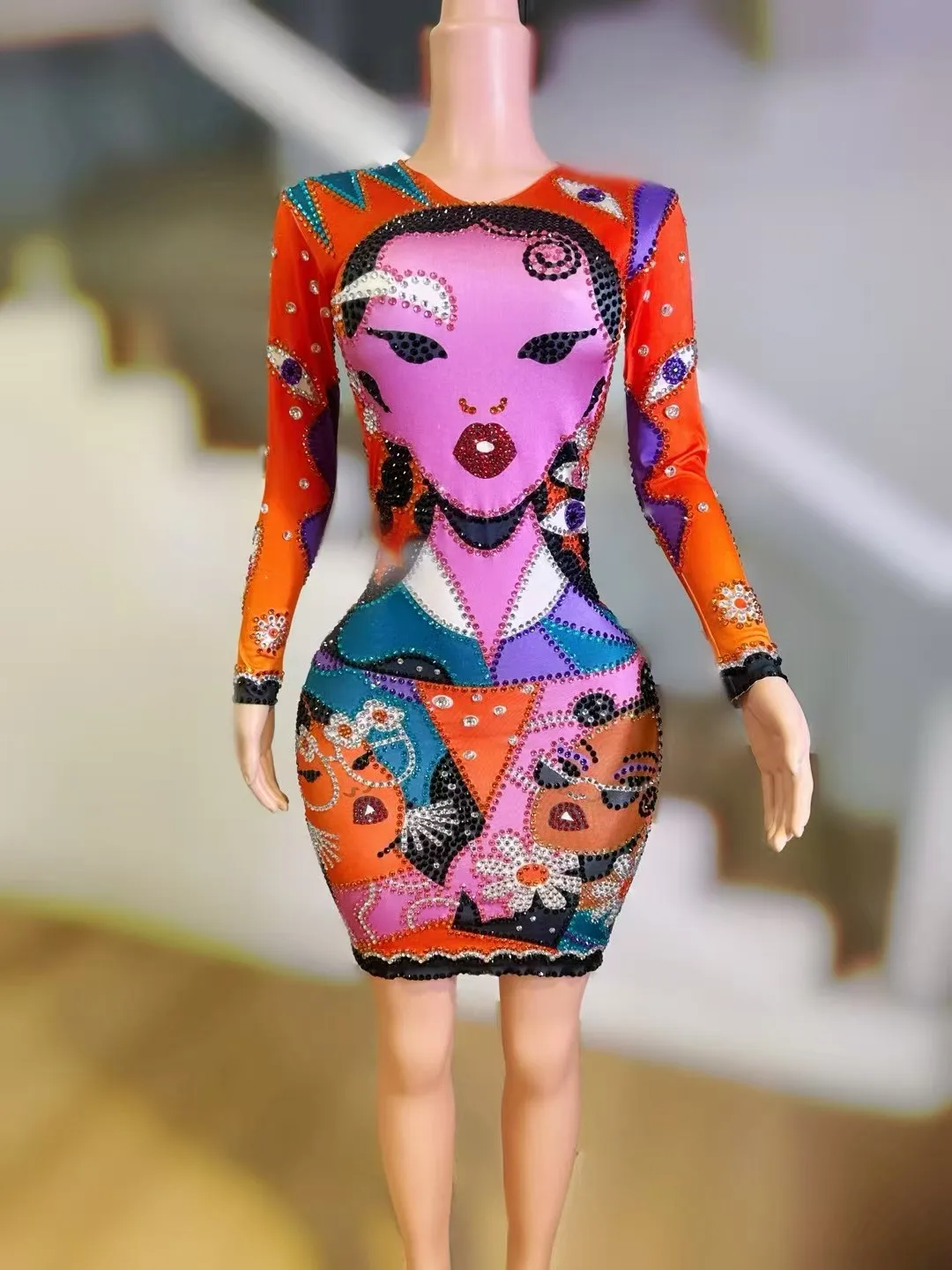 

Women Colorful Sexy Bodycon Short Dress CelebrateEvening Party Costume Nightclub Bar Singer SparklyRhinestone Stage Outfit A794