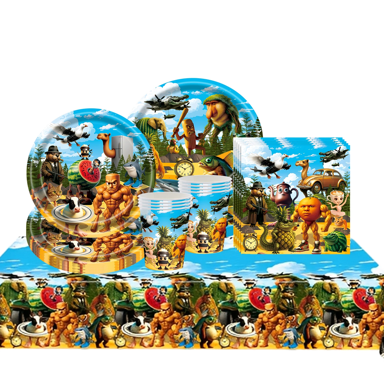 

Italian Brainrot Birthday Party Decoration Tung Tung Sahur Tralalelo Tralala Tableware plates Cups Plates set for Party Supplie