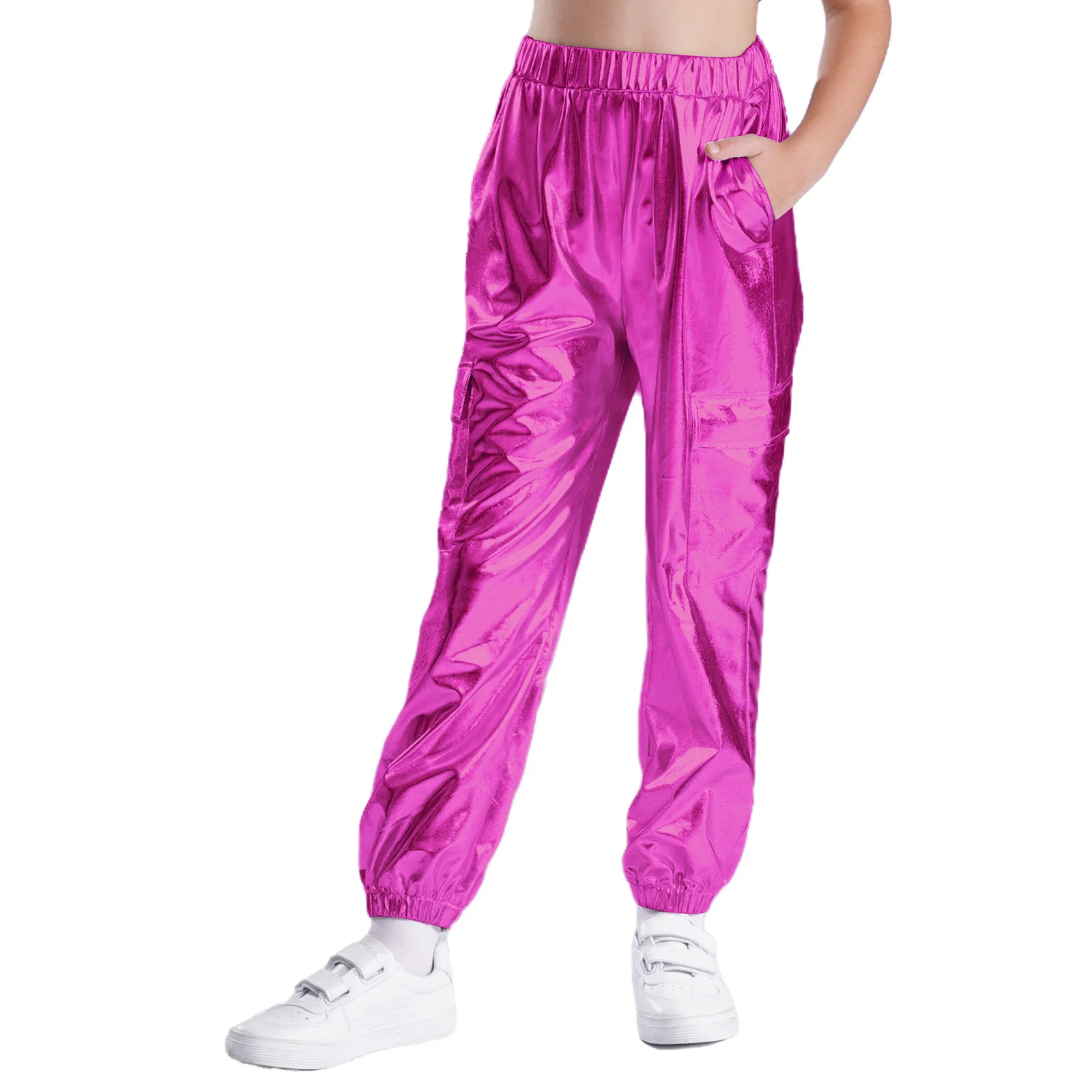 Children Metallic Shiny Pants Hip-Hop Jazz Street Dance Costume Elastic Waistband Trousers with Pockets Performance Dancewear