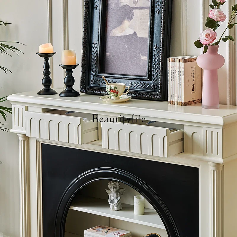 French cream style white fireplace decorative cabinet all solid wood living room against the wall storage