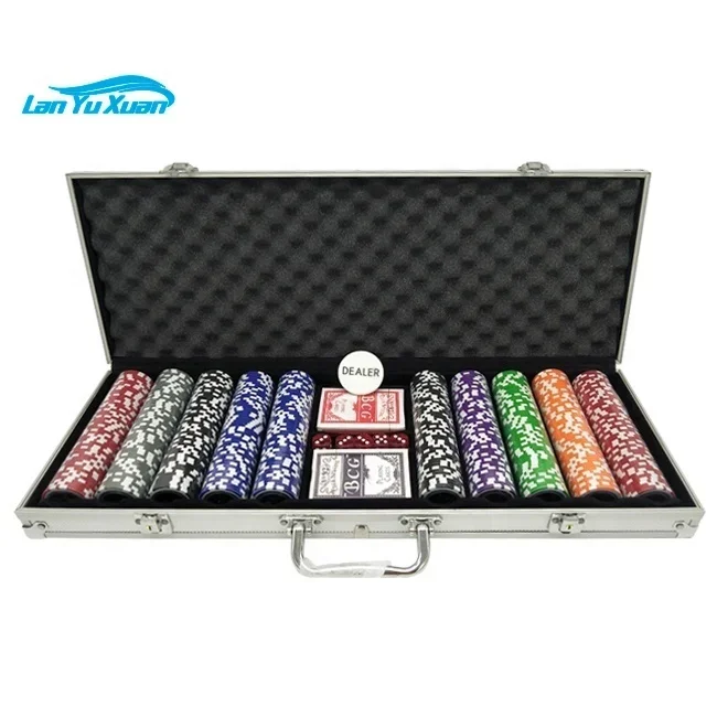 500 pcs Clay poker chips with silver aluminum case set include 2 sets poker cards and 1 white dealer