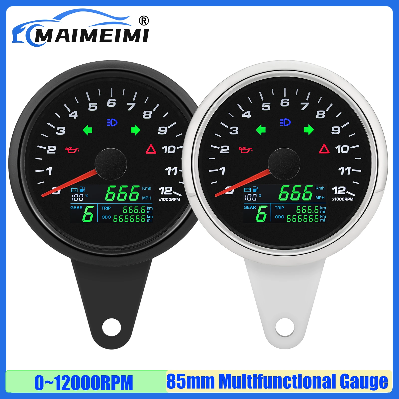 MAIMEIMI 0-12000RPM 85mm Tachometer 0-299KMH,MPH GPS Speedometer Gauge with High Beam Turn Light 1-8Gear Fuel Level Meter Motor