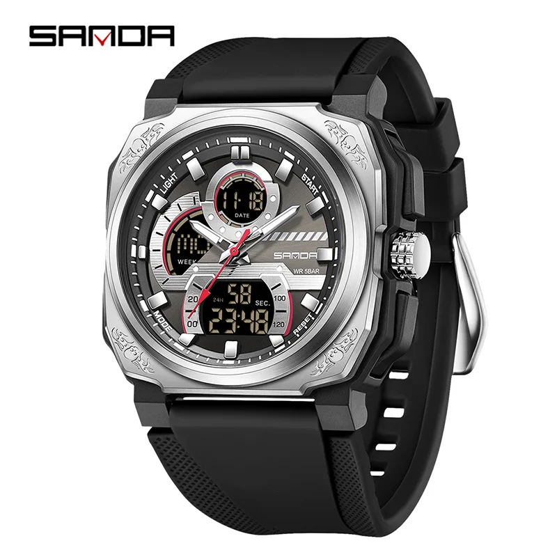 SANDA-reloj electrónico para hombre, pulsera deportiva multifuncional cuadrada con correa de silicona, pantalla Digital analógica, 3356
