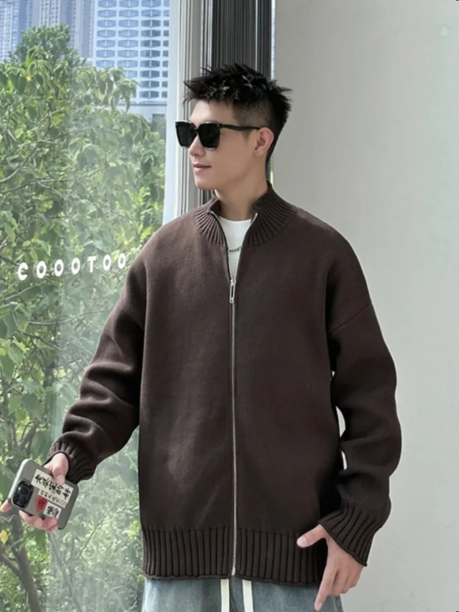 Fall Winter New Sle Japanese Zipper Open Cardigan Men's Faionable Loose Simple  Color Knitted Sweater Trendy