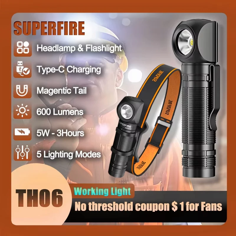 Superfire th06 super brilhante led farol 18650 recarregável cabeça lanterna com cauda magnética ao ar livre tático luz de trabalho tocha