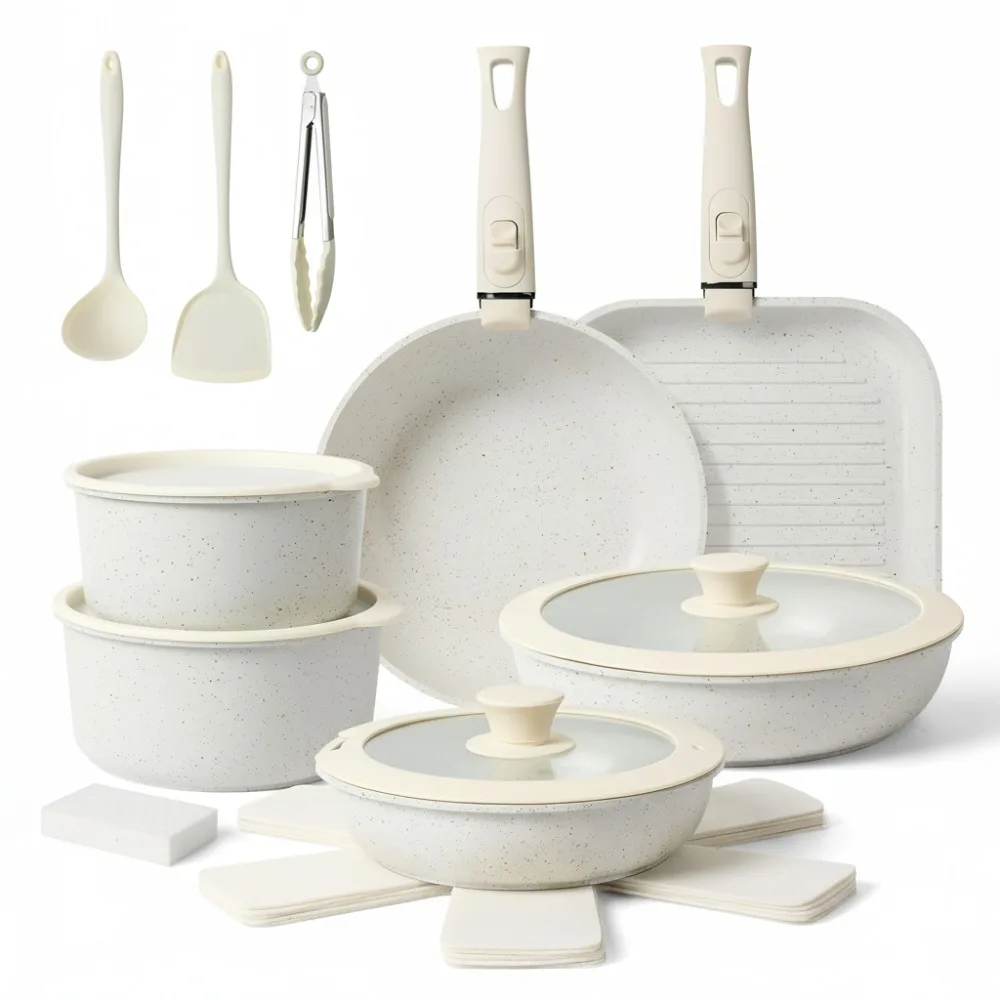 

Набор керамической посуды с антипригарным покрытием, 20 шт., со съемными ручками, безопасный для духовки и индукционный, штабелируемый для кухни на колесах