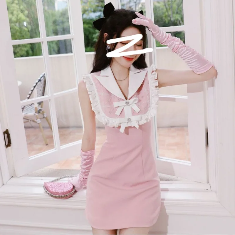 Temperament Sweet Suit Collar Sleeveless A-line Dress Women Fashion Sequin Bow Flounce Contrast Color Splice Summer Slim Wear