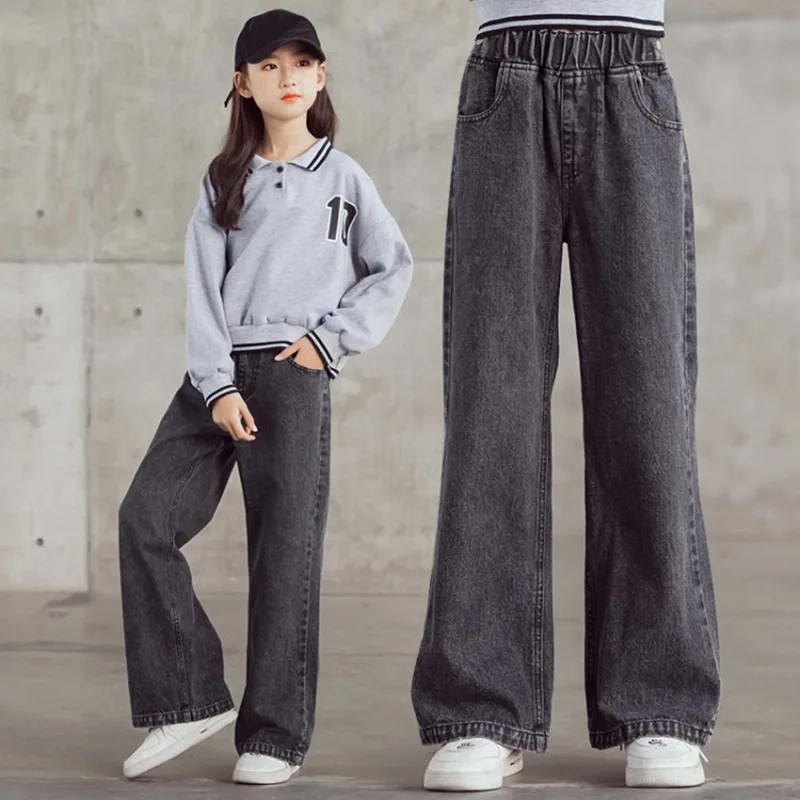 2026 Spring Kid's Jeans 3-9Y Cute Girls Solid Color Loose Wide Leg Pants Childrens Outwear Denim Trousers