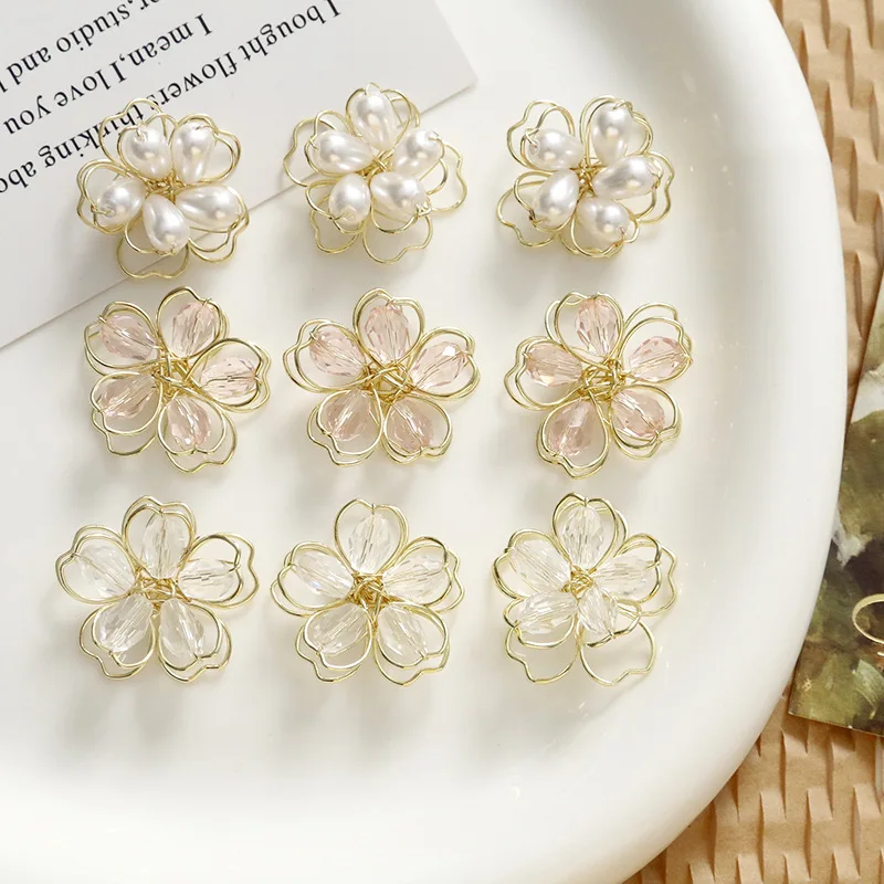 Double Layer Crystal Pearl Flower Alloy Metal Charm DIY Handwoven Pendant for Clogs Shoe Decoration Beaded Buckle Adapter High