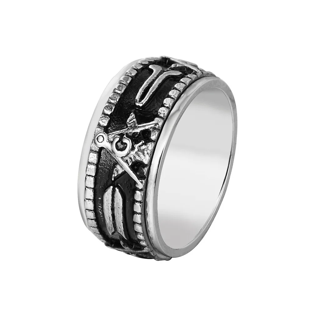 Vintage Black Stainless Steel Men RingRotatable  Free Mason Freemasonry Masonic AG Retro Punk Silver gold Color Male Jewelry